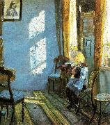 Anna Ancher, solskin i den bla stue, helga ancher hakler ibedstemoderens stue